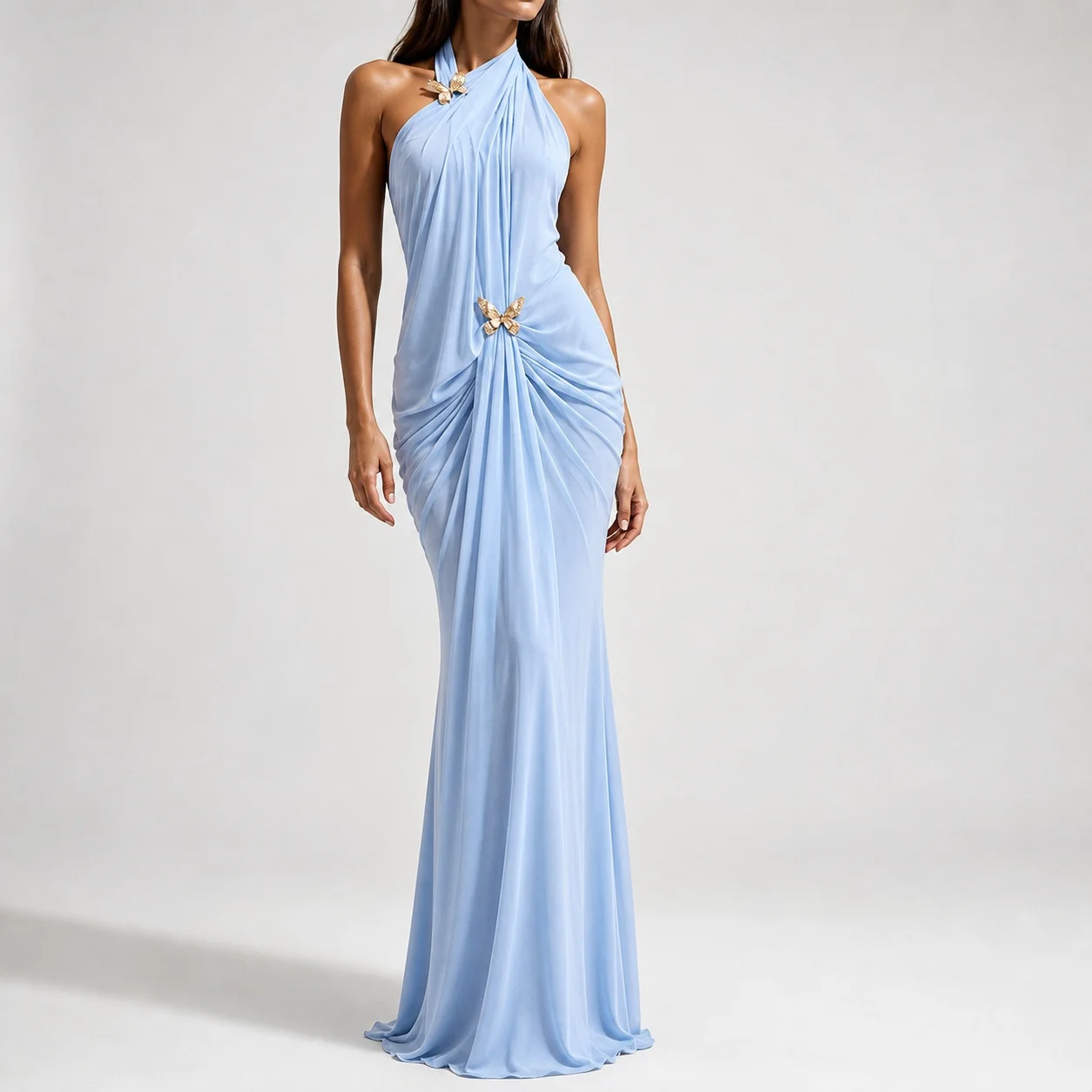 Women's Elegant Off Shoulder Halter Neck Long Sleeveless High Waist Ruched Maxi Dress for Wedding Guest Summer Party Prom