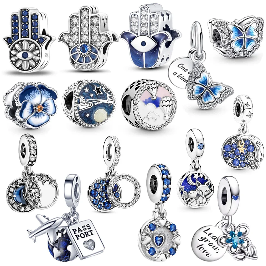 Blue Devil's Palm Eye Moon-Watching Fox & Butterfly Dangle Charm Beads Fit Original 925 Sterling Silver Pandora Bracelet Jewelry