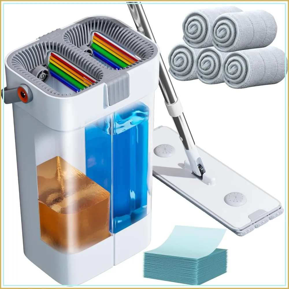 

Mop and Bucket Set, Flat Mop System with Wringer, Adjustable Handle Up to 61 Inches, 5 Washable Microfiber Pads for Floor Cleaning