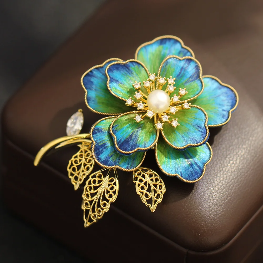 Elegant Retro Intangible Cultural Heritage Craft Blue Velvet Peony Flower Brooch Freshwater Pearl Bouquet Accessory Female Pin