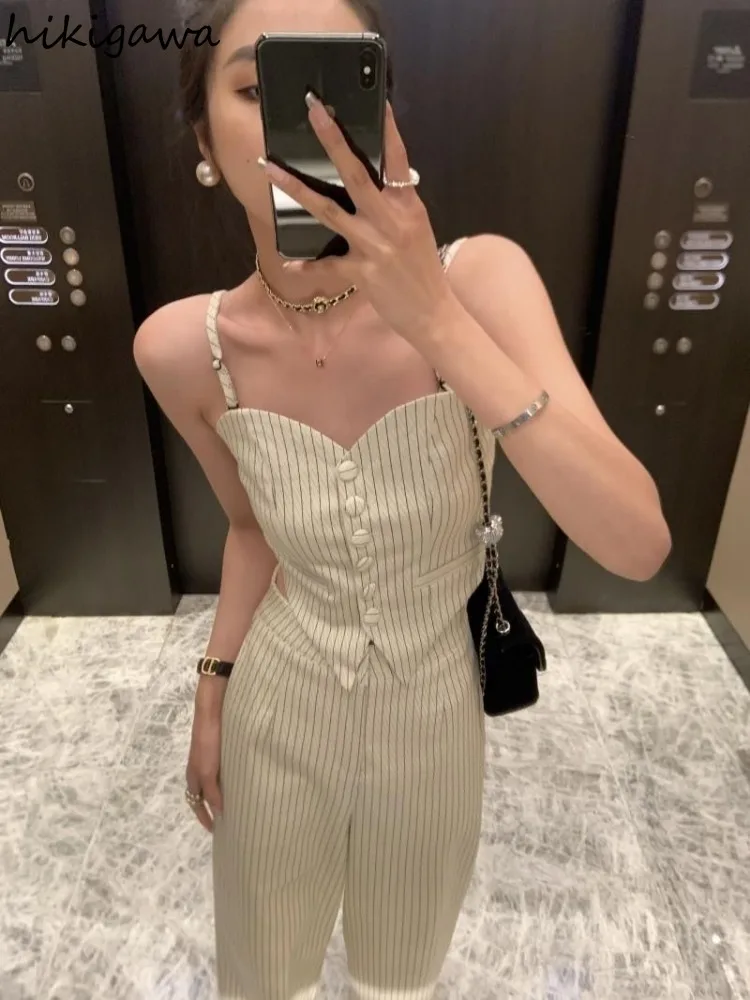 2 Piece Sets Womens Outfits Roupas Femme Tunic Single Breasted Vest High Waist Straight Wide Leg Pants Suit Summer Striped Set