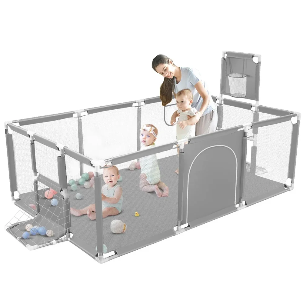 Parque infantil para bebé, parque infantil Extra grande de 71 pulgadas con aro de baloncesto y valla de juego para niños de malla transpirable para interiores y exteriores