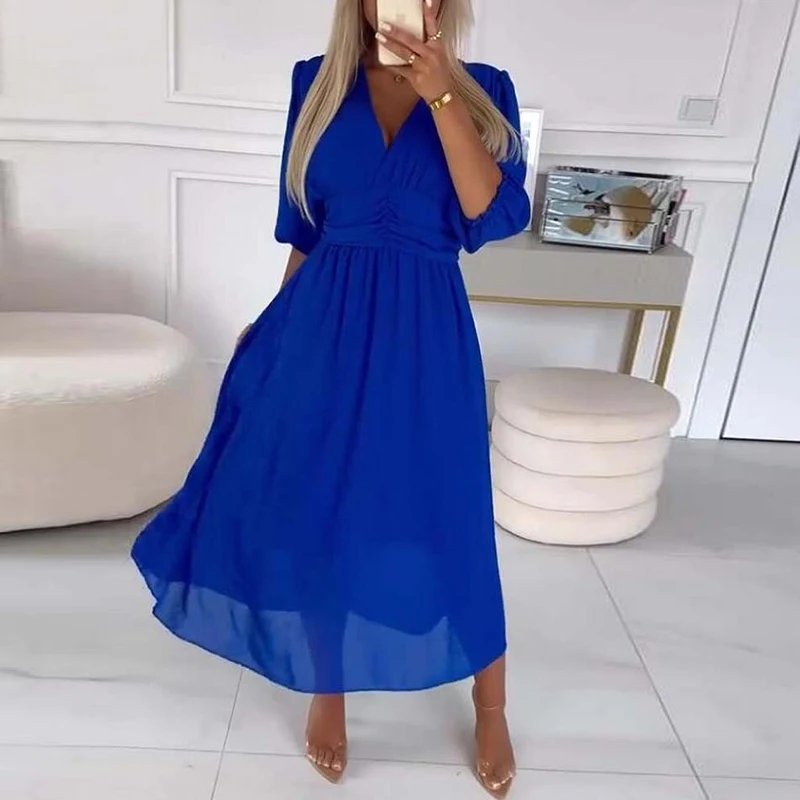 Sexy V Neck Solid Chiffon Long Dress Women Spring Elegant High-waisted Slim Party Dress Autumn 3/4 Sleeve A-Line Bohemian Dress