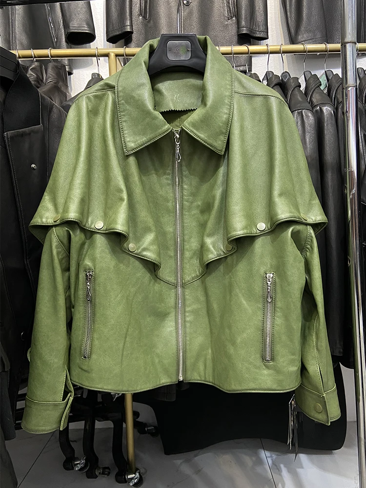 Chaqueta especial de piel de oveja auténtica para mujer, abrigo de cuero Real verde suelto, chaqueta negra, primavera y otoño