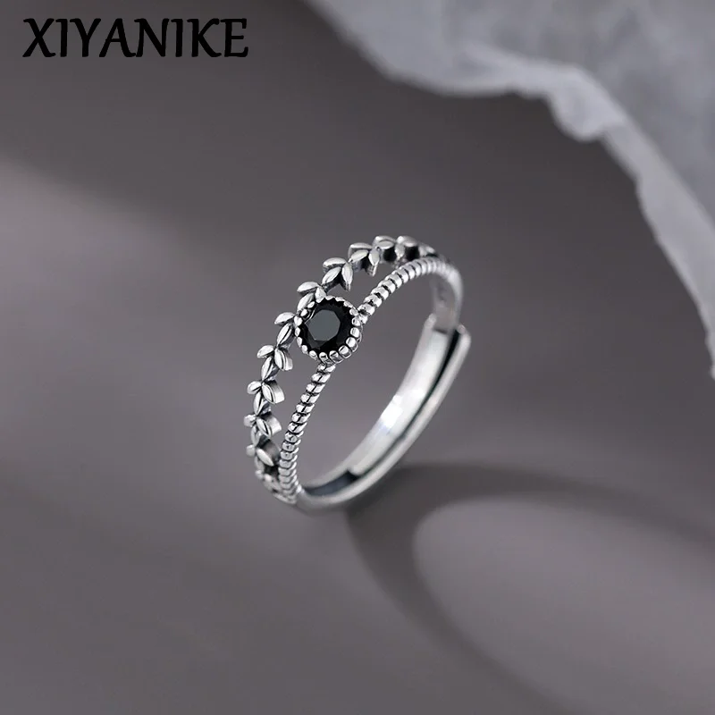 XIYANIKE Double Layer Black Zircon Wheat Ears Leaf Rings For Men Women Fashion New Jewelry Couple Gift Party Daily anillos