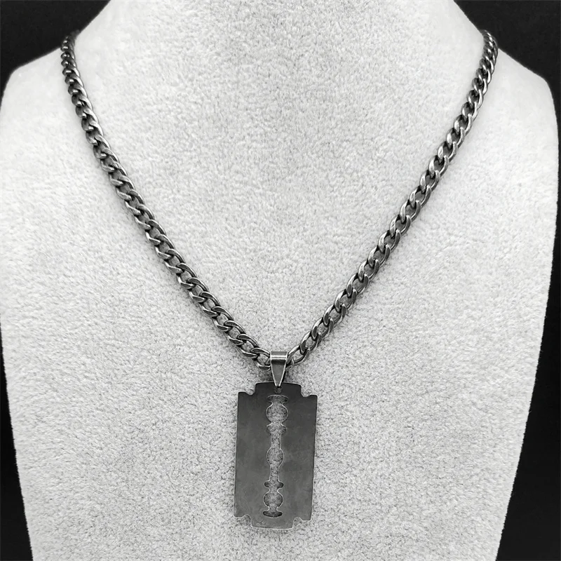 Punk Rock Blade Razor Shape Pendant Necklace for Men Hip Hop Stainless Steel Black Cool Boy Male Cuban Chain Necklaces Jewelry