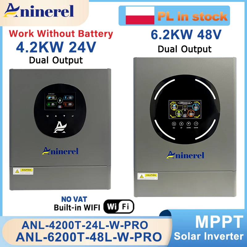 

Aninerel 6,2 кВт, 48 В, 4,2 кВт, 24 В, гибридный солнечный инвертор, двойной выход, цветной ЖК-дисплей, инвертор выключения/включения, MPPT 100A 120A PV 500 В постоянного тока