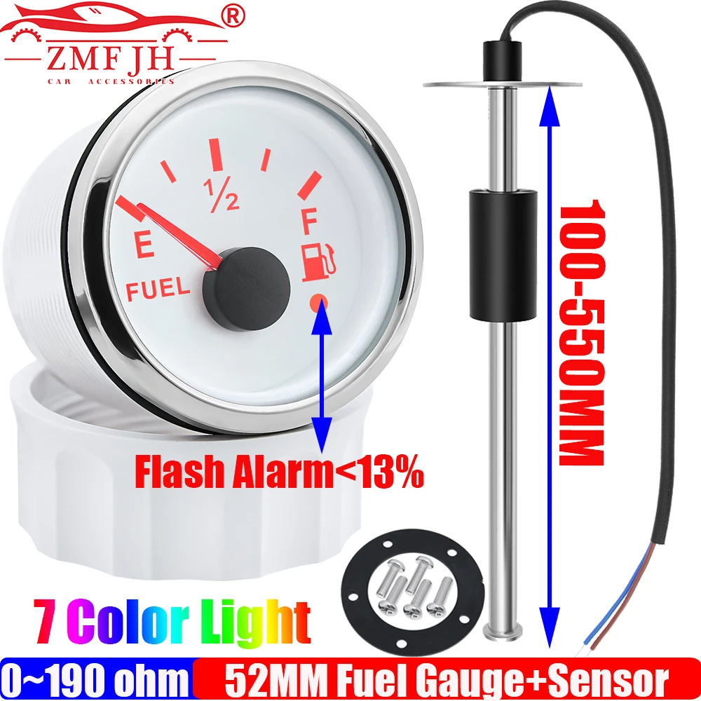 ZMFJH 7 Color Light 52MM Fuel Level Gauge with Alarm Auto Car 0-190ohm Fuel Float Level Sensor 100-550MM for Boat Yacht 12V24V