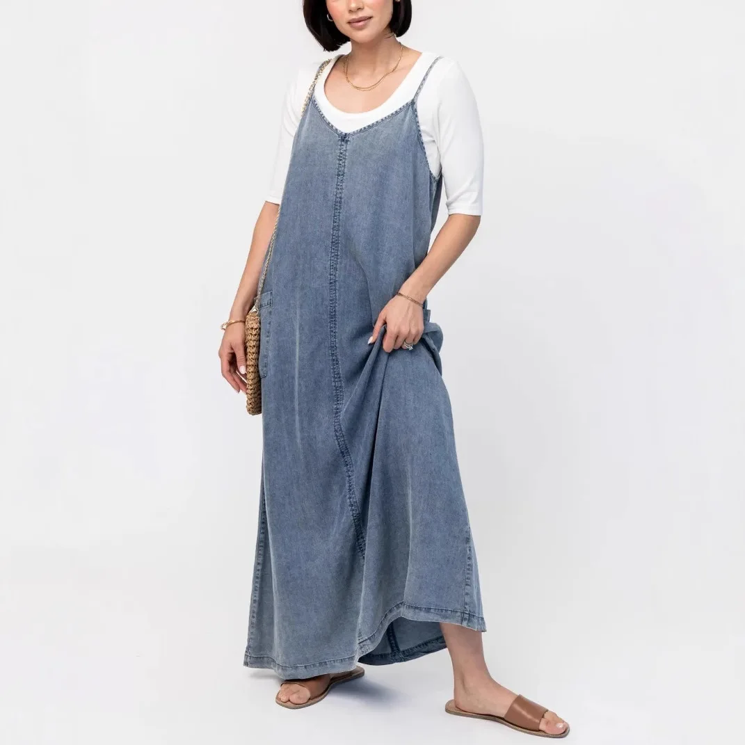 Women's French Retro Denim Cami Dress 2026 Spring Summer New Arrivals Simple Sleeveless Layering Loose Slimming Lazy Maxi Dress