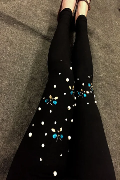 Winter 2023 Autumn Black Women Rivet Rhinestone Thickened Elastic Magic Skinny Cropped Pants Leggings Outer Wear