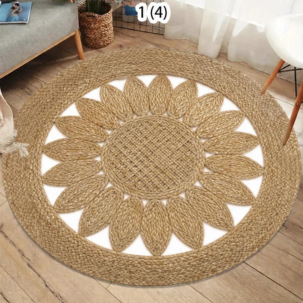 Round Rug Woven Texture Spiral Floral Geometric Hollow Pattern Decorative Floor Mat for Living Room Bedroom Balcony Rustic