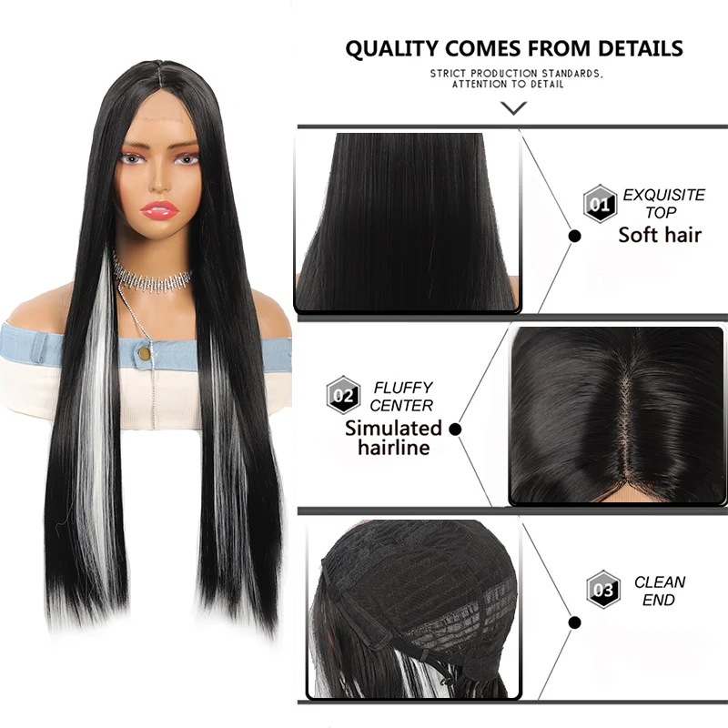 Wig lurus halus renda depan wanita, wig sintetis renda depan serat tahan panas cocok untuk penggunaan sehari-hari di pesta Halloween