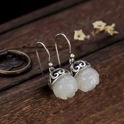 Designer Original New Silver Inlaid Natural Hetian Jade Lotus Earrings Retro Personality Ladies Exquisite Jewelry