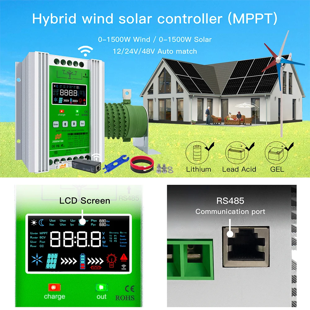 800W 12V 24V 48V MPPT Wind and Solar Hybrid Charge Controller With WiFi and DC Load Charge Regulator Use for All Lithium Battery