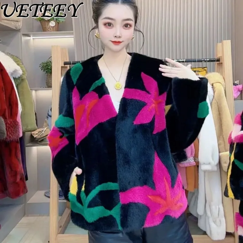 

2025 Winter New European Mink Velvet Slimming High-end Fashion Coat Elegant Floral Color-blocking V-neck Short Fur Jacket