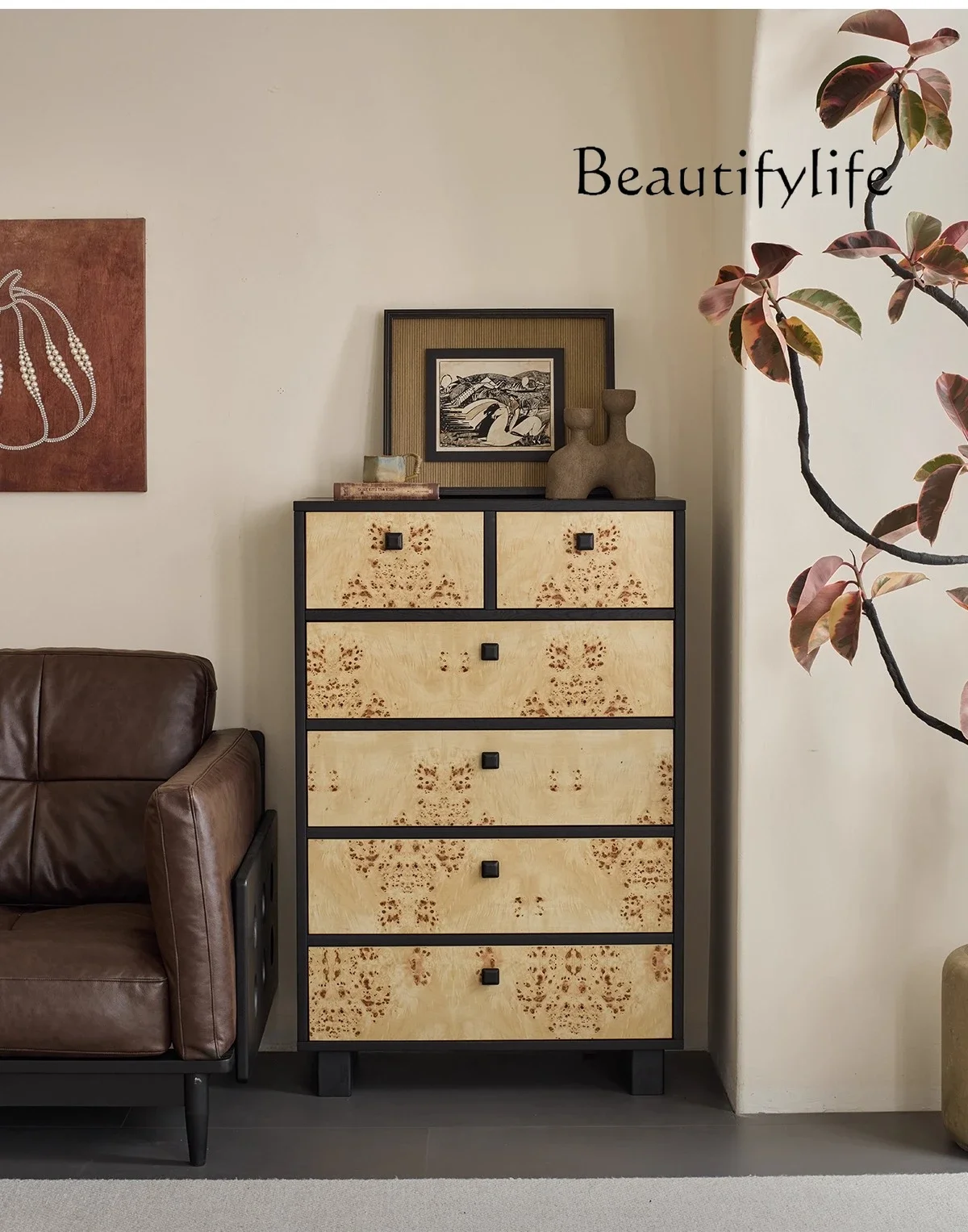 R Solid Wood Six-chest Cabinet Small Apartment Living Room Against The Wall Retro Wind Storage Cabinet With Drawers Bedroom Ches