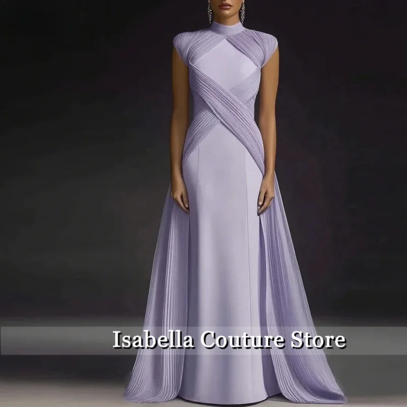 

Лавандовые вечерние платья с высоким воротом и короткими рукавами, перекрестными складками, вечернее платье для выпускного вечера, длинное женское платье для особых случаев, элегантное индивидуальное платье