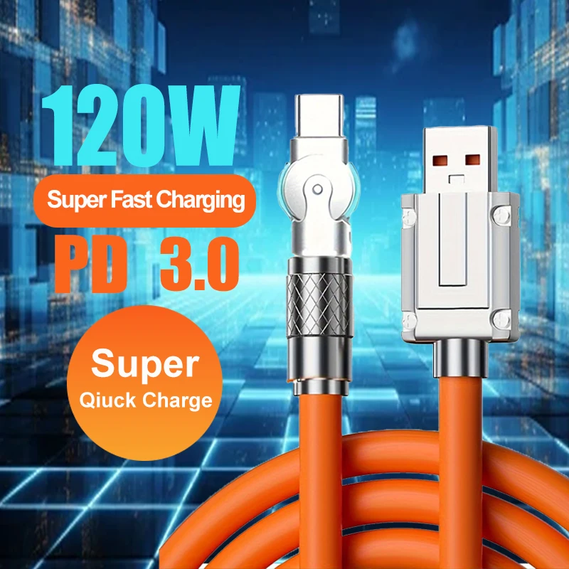 PD 120W USB A to Type C Zinc alloy 180° Elbow Super Fast Charging Cable For iPhone 16 15 Pro Max Galaxy S24 23 Xiaomi Data Cable