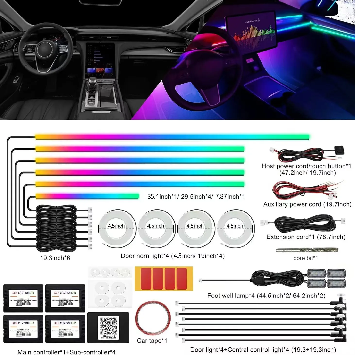 18/22 in 1 Led Car Ambient Lights Neon Lighting kit Acrylic Strip light Car Led Light Interior Atmosphere Lights Decoration Lamp