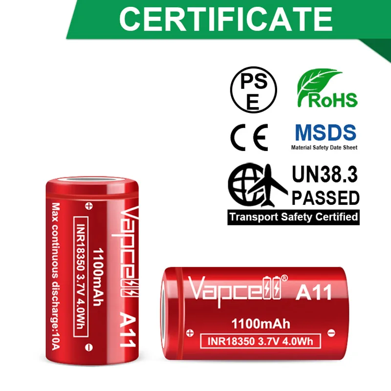 Original Vapcell A11 INR 18350 Battery 1100mAh 10A 3.7V High Power Li Ion Battery Reachargeable Batteries For Flashlight Toy