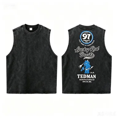 Men Women Black Washed Cotton Tank Top Sleeveless Retro Motorcycle Devil Inspired Print Casual Streetwear Tee