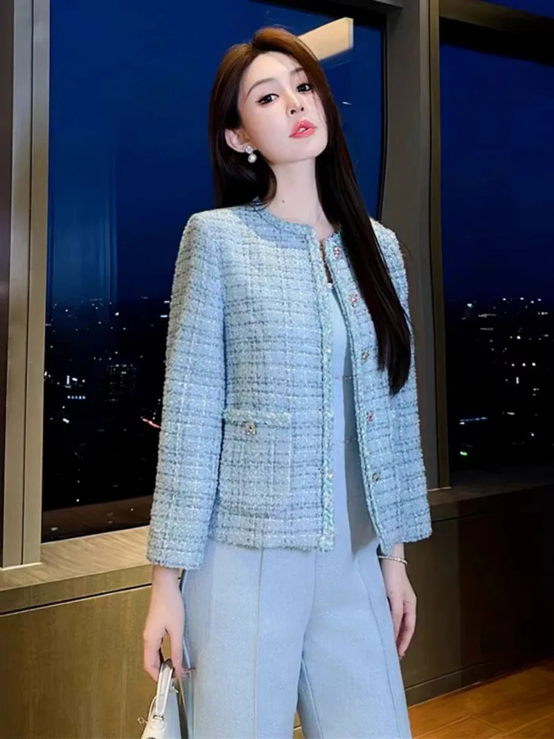 New High Quality Wool Tweed Coat Women Korean Fashion Autumn Elegant Long Sleeve O-neck Small Fragrant Short Jacket Outwear