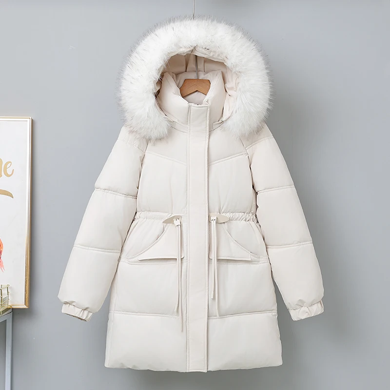 

Women's Winter Thiened down Cotton Jaet Coat with Big Fur Collar Dstring Waist Korean Sle Long Sve Zipper Closure
