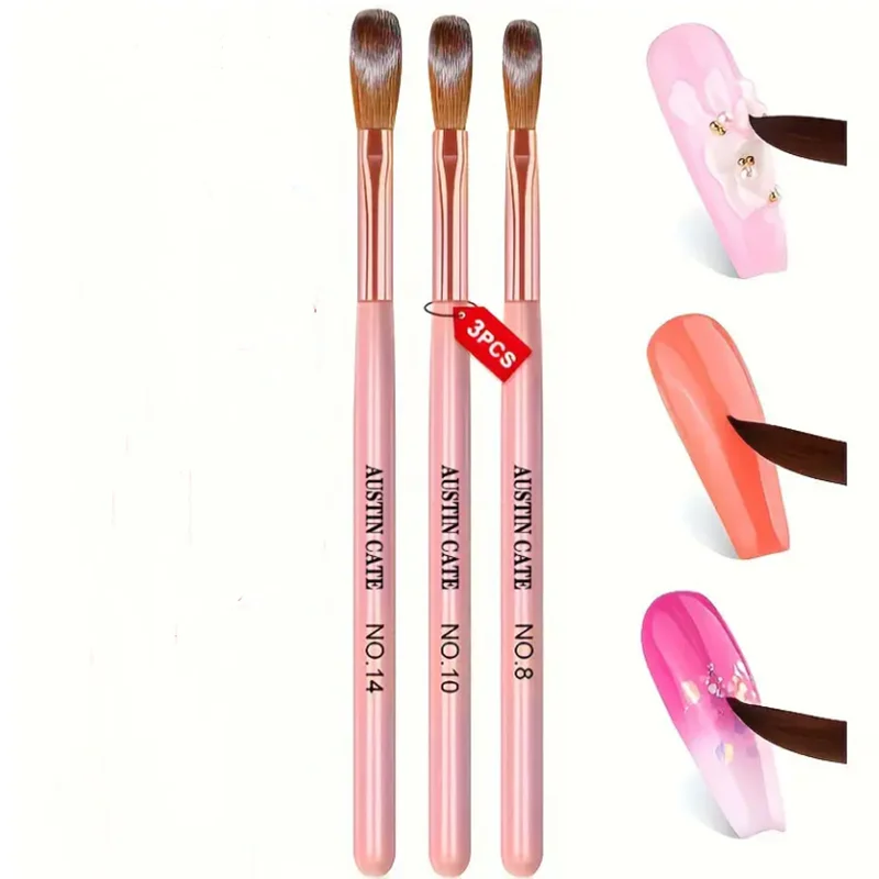 3pcs Pink Handle Acrylic Nail Brushes Professional Crystal Powder Extension Carving Tool 8/10/14 Beginner Manicure Salon Brush