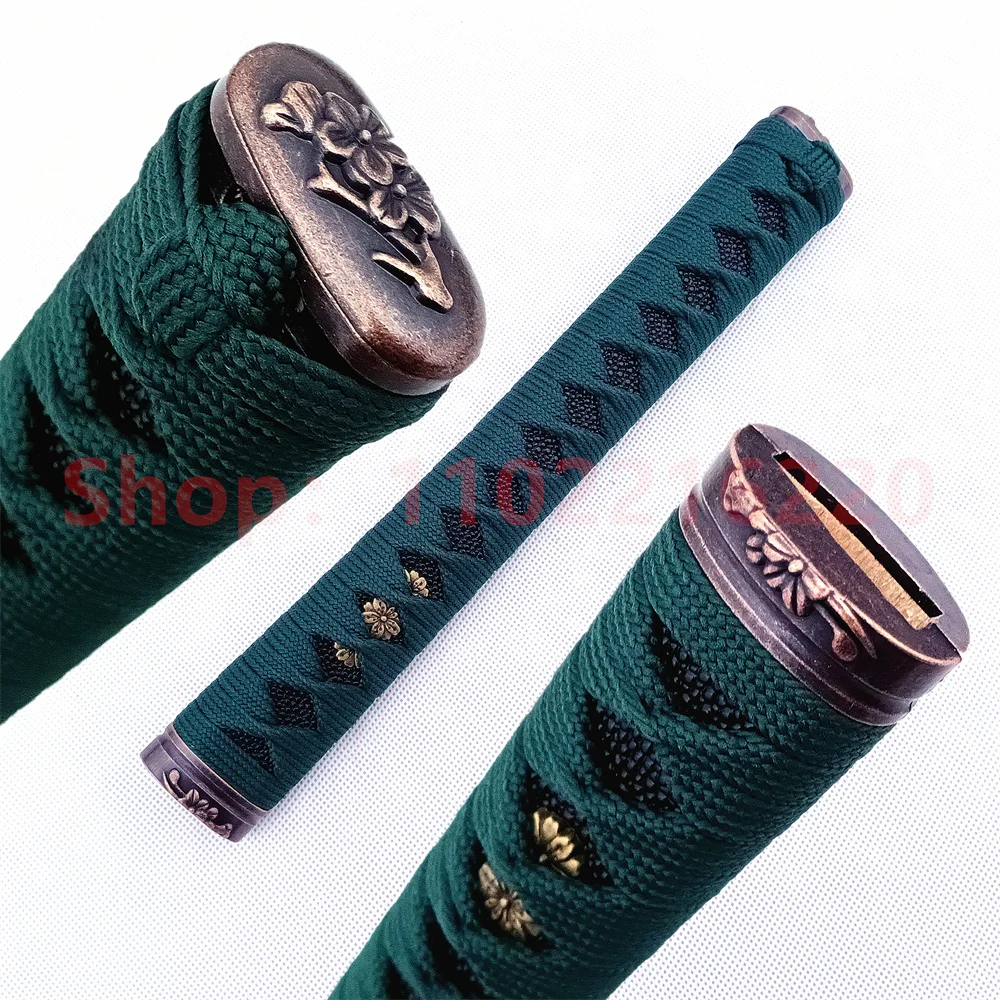 Empuñadura de mango de aleación de Tsuka, accesorios de espada samurái japonesa, piezas reales de Katana, Fuchi, Kashira, Menuki, verde, Ito, 26cm