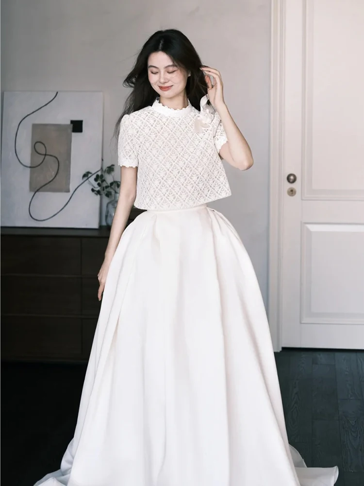 

Простое корейское свадебное платье для помолвки и церемонии бракосочетания, с коротким рукавом, длинная юбка А-силуэта