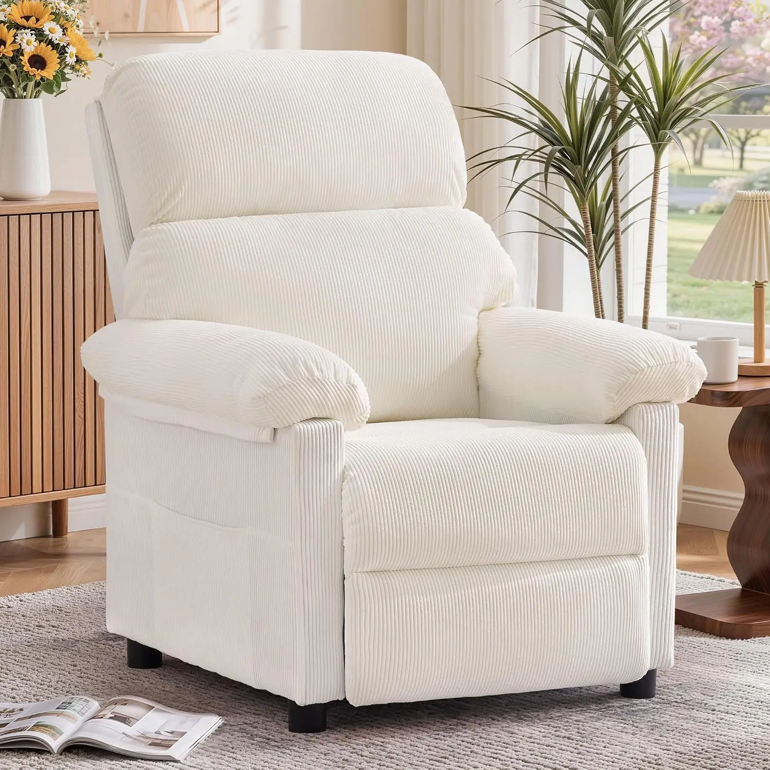 Small Manual Recliner Chair with Side Pockets for Living Room & Nursery, Corduroy, Beige, Customized