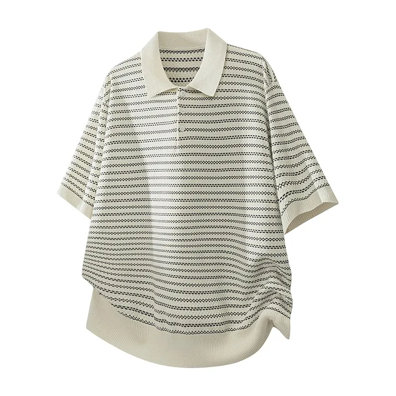 Men Vintage Color Block Stripe Lapel Knit Polo Shirt Breathable Short Sleeve Casual Daily Top