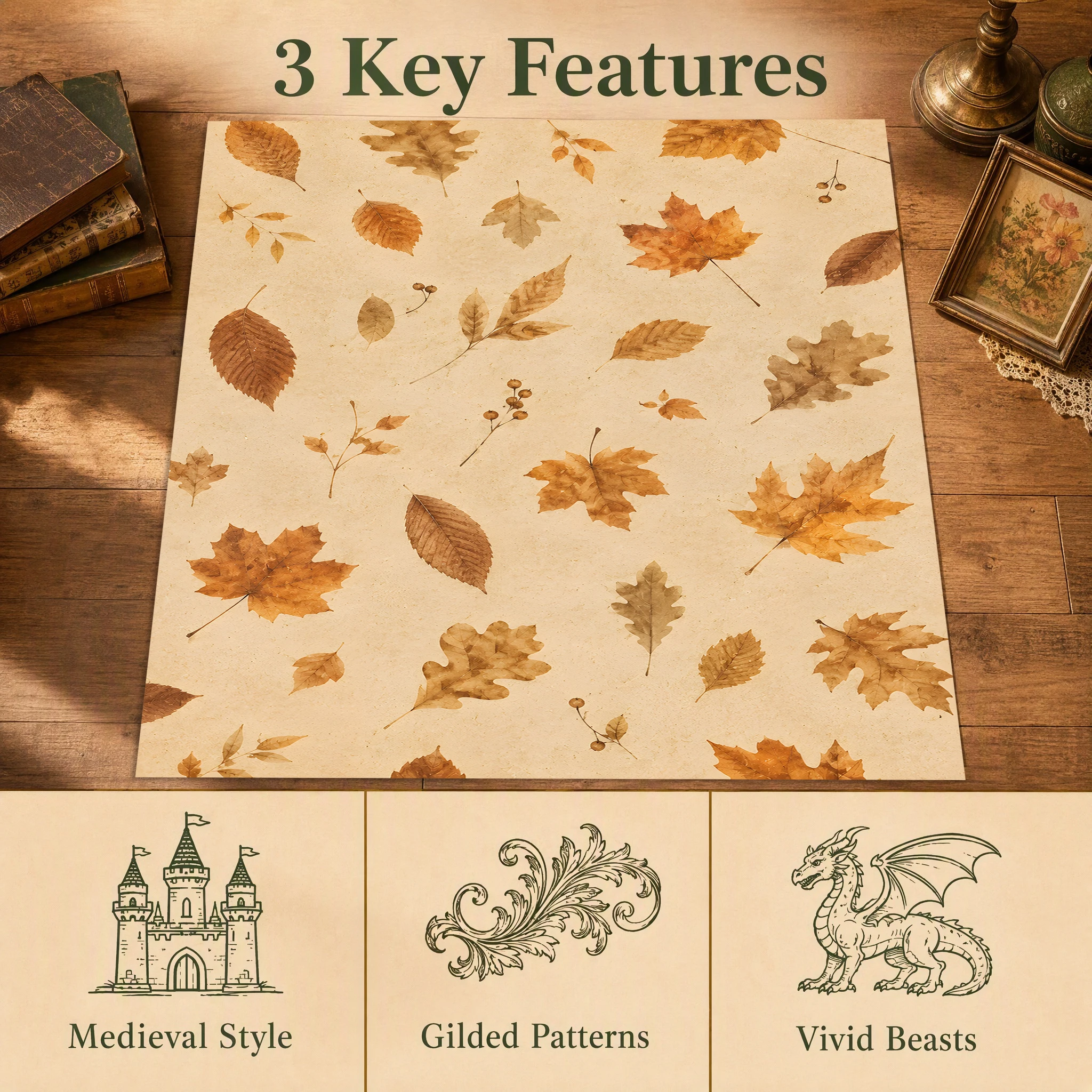 Beige Base Scattered Maple Leaf Print Velvet Area Rug, Autumn Winter Harvest Style, Decor for Living Room Bedroom