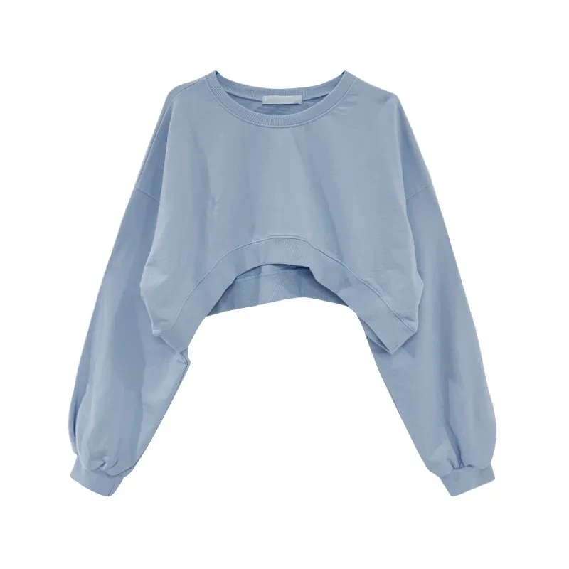 Tops Spring Women Long Sleeve Crop Top Korean Personality Irregular Hoodies Sweatshirt Causal Loose O-neck Pullover Sweet