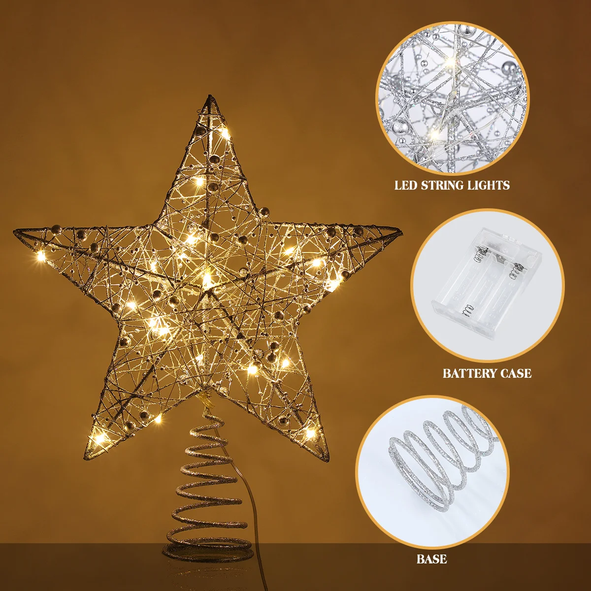 

25x30cm Christmas Tree Topper Star Light Warm White LED Glitter Silver Powder Rustproof Iron Wire Decorative Lamp for Party Home