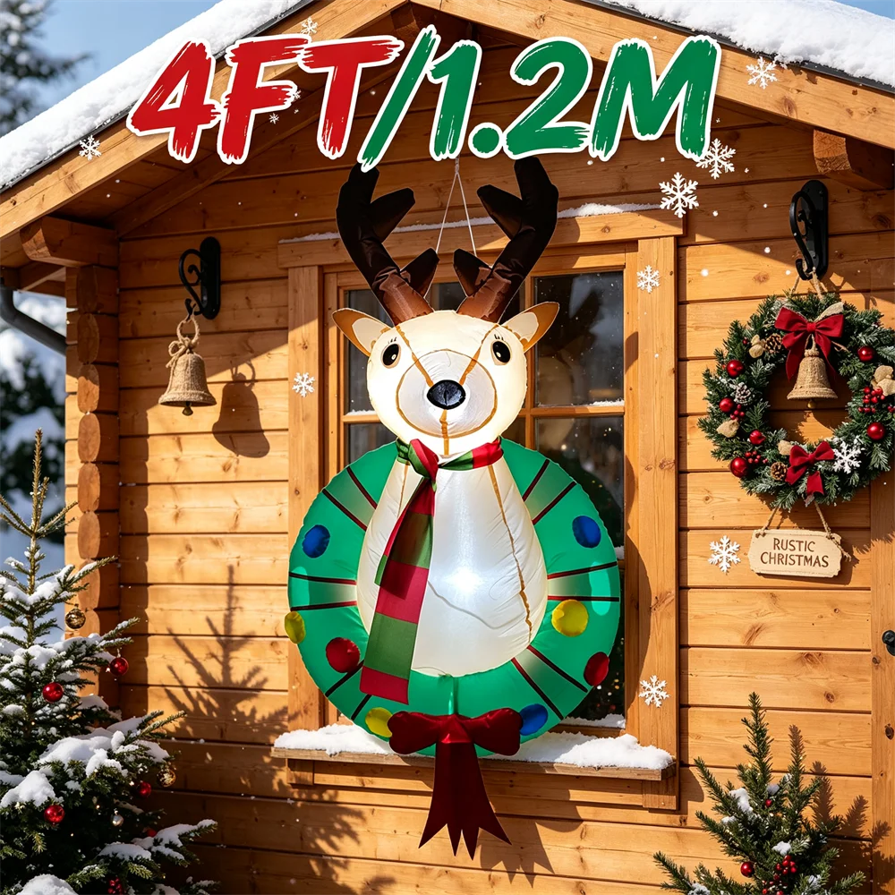 4FT Hanging Christmas Inflatable Toy Reindeer Wreath Outdoor Window Wall Decorations Built-in LED Lights for Holiday Yard Decor
