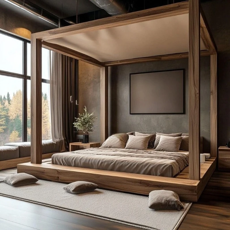 Solid wood four-poster bed double new Chinese log style floor-to-ceiling bed furniture bed