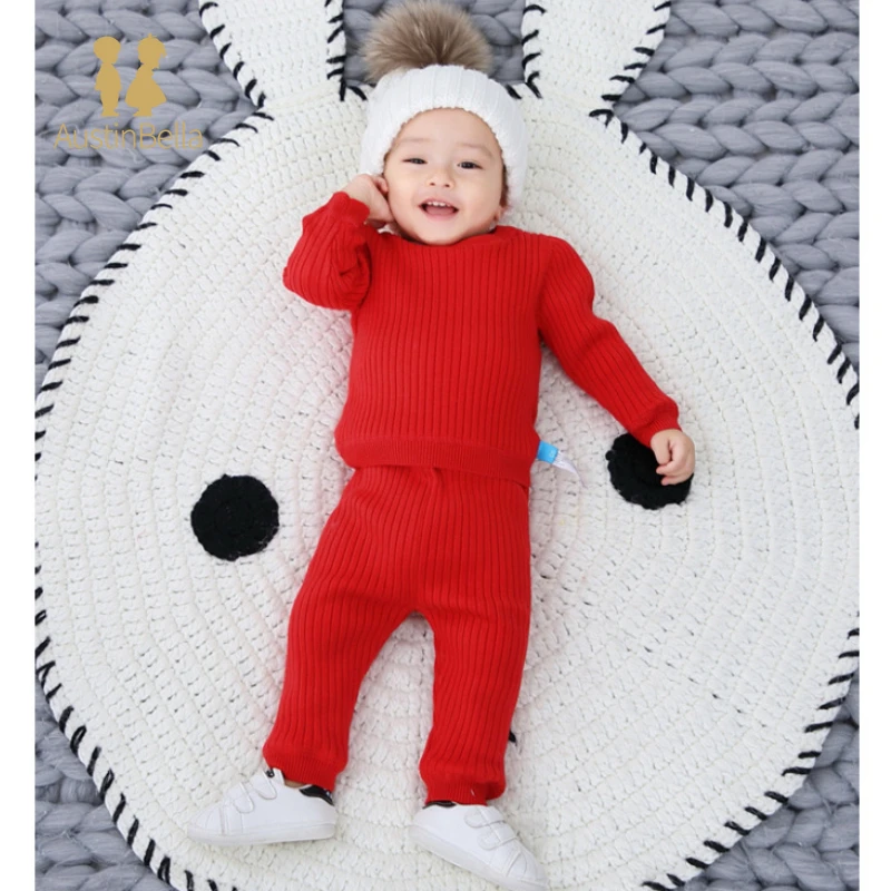 2Pcs Baby's Clothing Set Autumn Winter Thicken Warm Plush Children's Sweater Suit Baby Winter Knitted Sweater Pullover Pants Set