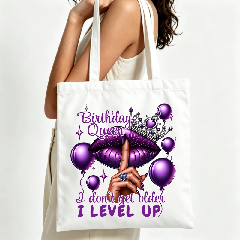 birthday queen graphic canvas tote bag with lip and balloon design, perfect for casual daily use and birthday celebrations