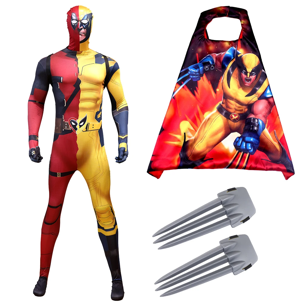 액세서리가 포함된 마블 데드풀 울버린 코스프레 의상 세트 |   2025년 할로윈 파티 의상 |   코믹콘 코스프레 세트