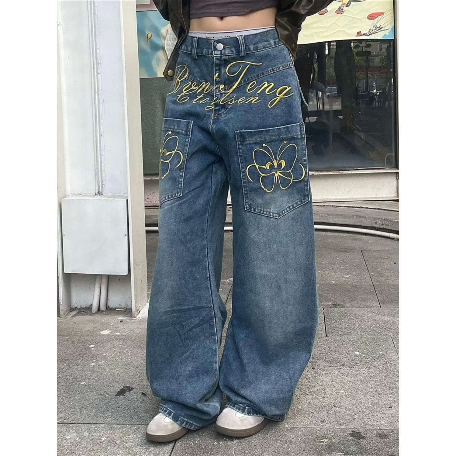 Women's High Waist Wide Leg Light Blue Jeans Vintage Washed Gold Butterfly Embroidery Letter Print Y2K Streetwear Denim Trousers