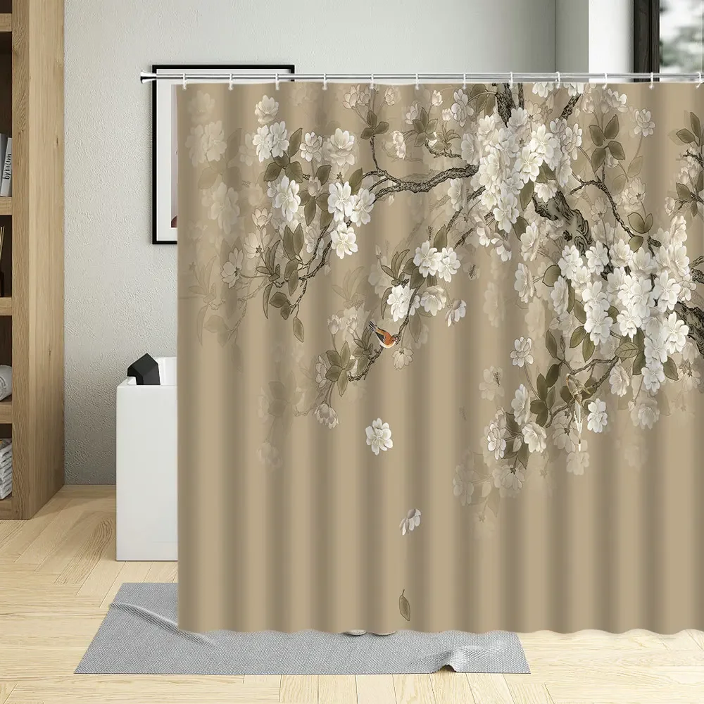 Vintage Shower Curtain for Bathroom, Beautiful Flower, Cherry Blossom Tree, Polyester Fabric, Bathtub, Home Decor Screens