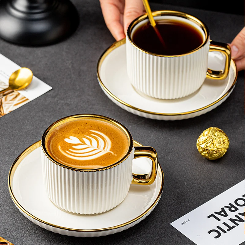 Gold Edge Coffee Cup Dish Set 280ml Light Luxury High End Afternoon Tea Ceramic Mugs for Women 6 Inch Round Cake Dessert Dish