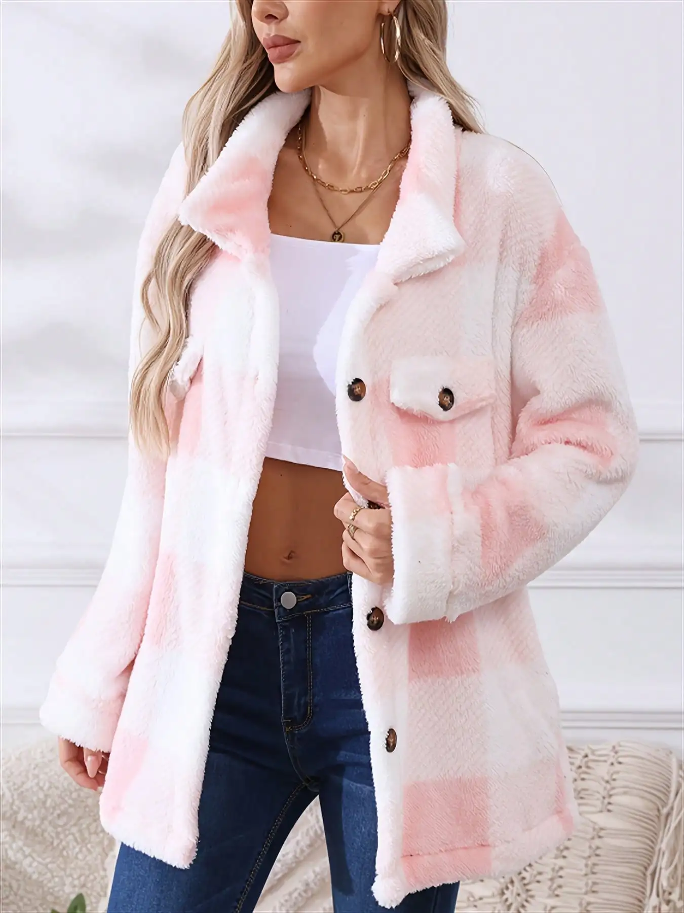 

Women's Pink & White Plaid Teddy Bear Bomber Jacket with Drop Shoulder and Flap Pockets, Winter Cozy Outerwear