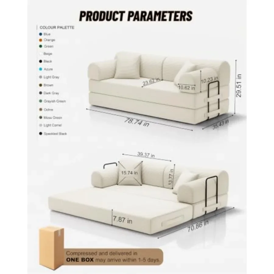 78.8 Convertible Sofa Bed for Living Room, Fabric Upholstered, Gray, Easy Pull-Out Mechanism and High Back Support
