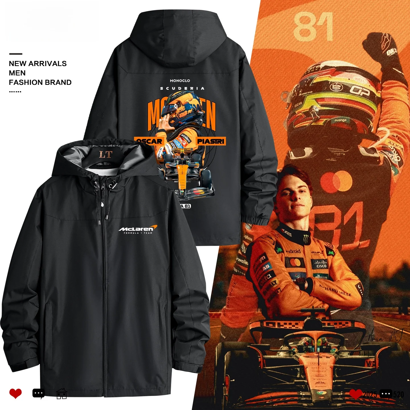 

Ветровка McLaren F Formula Racing: памятная одежда Оскара Пиастри, полиэстер, длинный рукав, на молнии, с декоративными элементами