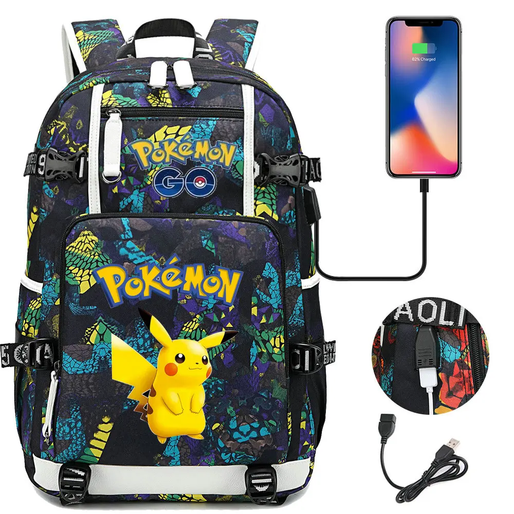 POKEMON Pikachu Backpacks Camouflage USB Teens School Bags Waterproof Boys Girls Casual Travel Laptop knapsacks