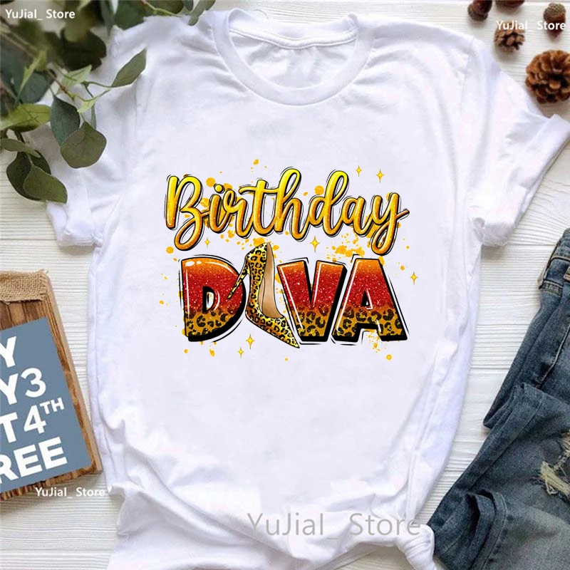 

Leopard Birthday Diva High Shoes Graphic Printed Tshirt Women Fashion Wine Glass T Shirt Femme Summer Short Sleeve T-Shirt Tops