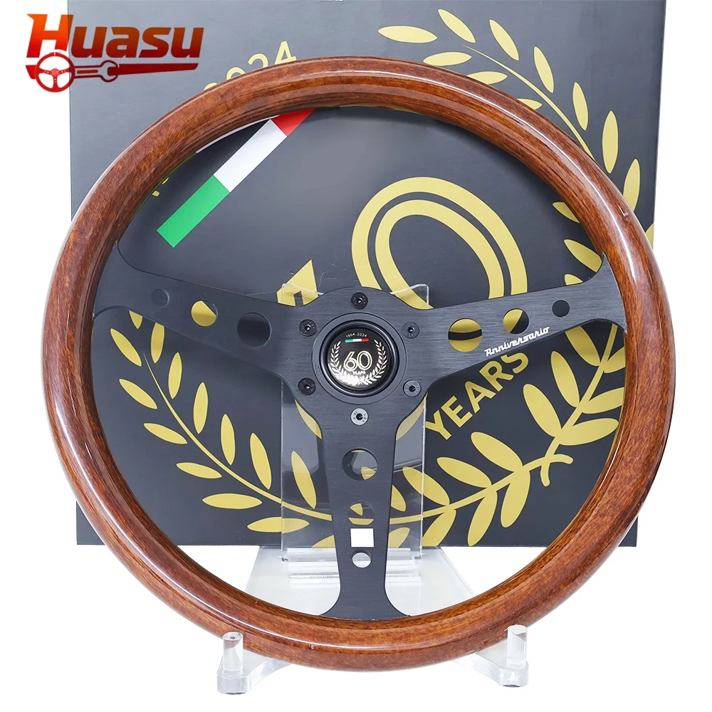 60th Anniversary Classic Wood Grain Look Racing Steering Wheel 14inch 350mm Concave With Aluminum Spoke
