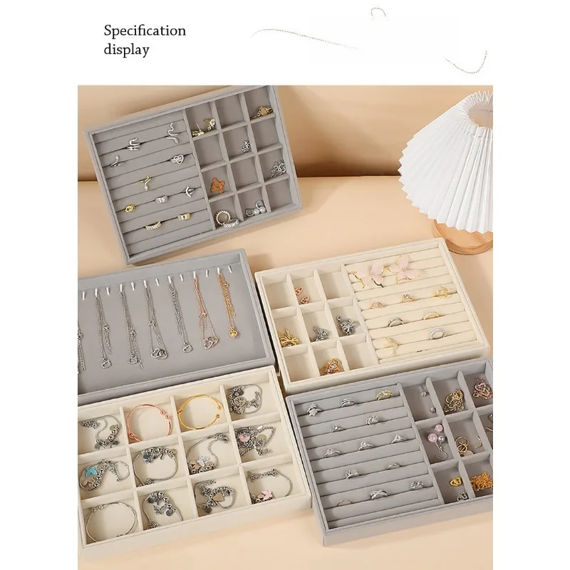 2PCS Grey Velvet Jewelry Box Large Capacity Jewellery Necklace Earring Display Tray Drawer Insert  Earring Ring Organizer Plate